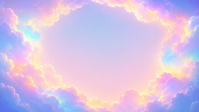 Pastel Rainbow Cloud Frame with Large Central Copy Space and Dreamy Soft Sky