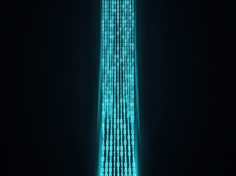 Glowing stream of binary code data flowing through a dark background