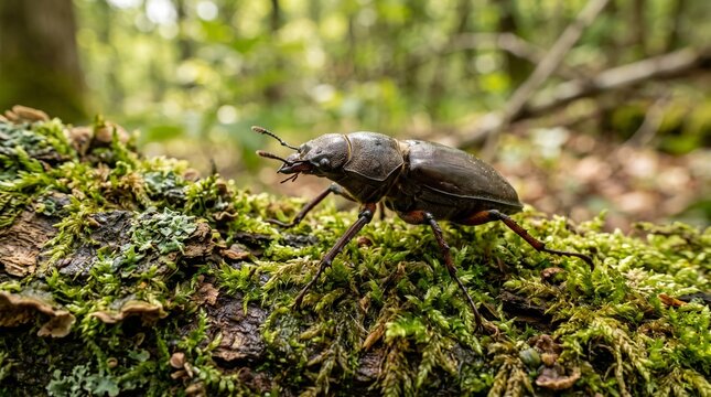 Stag beetle on mossy tree trunk in forest
