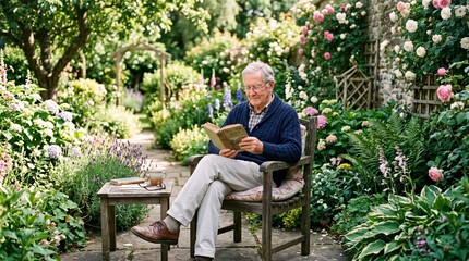 Fototapeta premium Senior man reading a book in a beautiful blooming garden