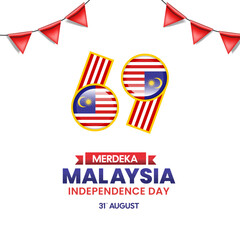 Obraz premium malaysia 69 independence day post concept. Malaysia national day 69 design for poster, banner and greeting card with text malaysia merdeka.