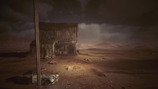 derelict shack desert foreground, scattered wreckage and scrap around pole churned earth, rusted machinery, creaking timbers, stormfront gathering overhead,