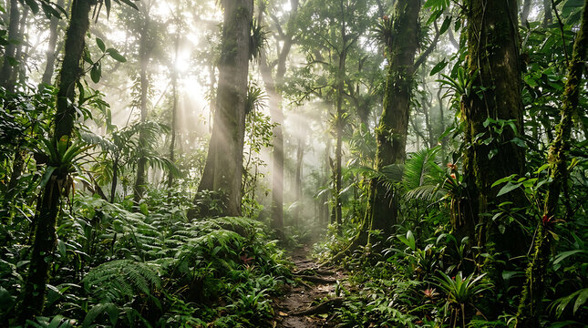 Bright morning sunbeams illuminating a dense green jungle forest with sunlight