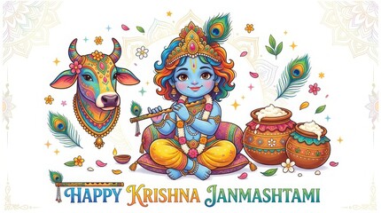 Fototapeta premium Cute baby Krishna holding flute next to colorful cow and butter pots for happy Janmashtami celebration banner illustration.