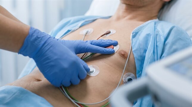 Close-Up of Nurse Placing ECG Electrode Pad on Chest