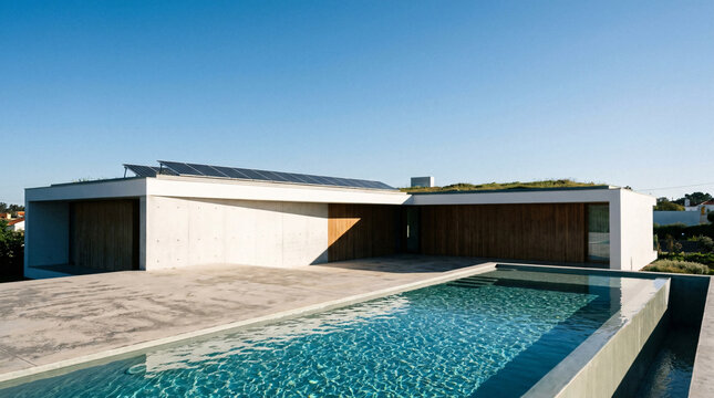 Modern concrete house with solar panels on the roof, a swimming pool, and wooden accents, reflecting a sustainable and luxurious lifestyle