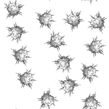 seamless pattern flame explosion bomb hand drawn. fireball explosive, dynamite boom, black cloud flame explosion bomb black sketch illustration