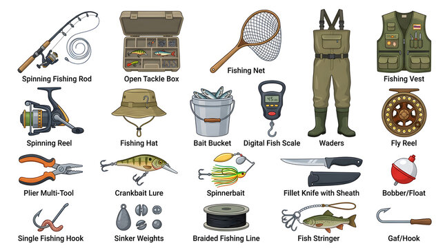 Fishing Gear Assortment: A comprehensive collection of fishing equipment, including rods, reels, lures, nets, tackle boxes, and clothing, displayed for the avid angler.