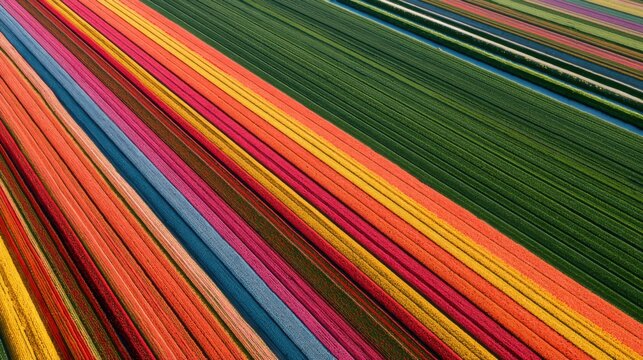 Aerial view of vibrant colorful flower fields arranged in geometric diagonal rows.