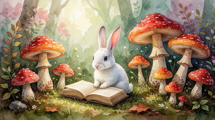 Fototapeta premium White rabbit sits on book in forest surrounded by red, white mushroom. Book lies on green field near grey rock. Tree with leaves, flowers in background. Large orange-yellow mushroom on right. Vibrant