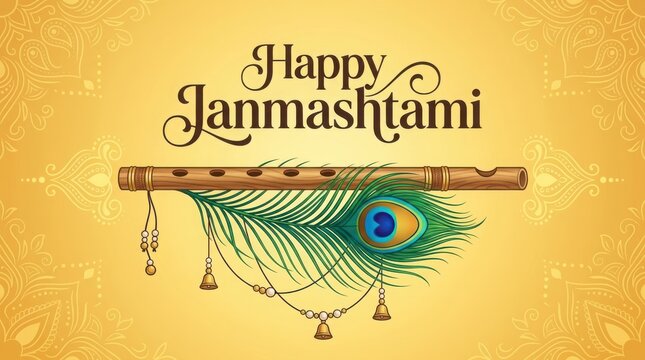 Wooden bansuri flute and vibrant peacock feather with ornate beads and bells for happy janmashtami greeting card design.