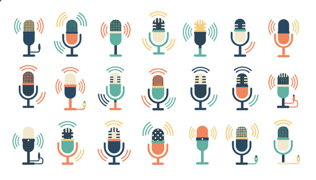 Comprehensive collection of twenty one vintage vocal microphone icons in diverse colors and cool retro styles.