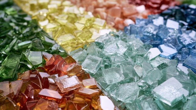 Colorful recycled glass pieces arranged in rows for sustainable art and mosaic projects.