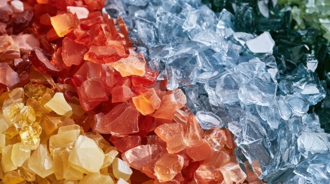 Colorful recycled glass fragments arranged in rows for sustainable design and decor.