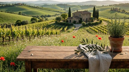 Fototapeta premium Wooden table with rosemary, olive branch, and linen rests before Tuscan hills. Stone farmhouse, vineyards, and wildflowers flourish under warm sunlight, creating a serene rural scene.