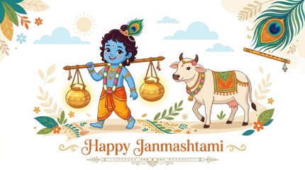 Fototapeta premium Cartoon Lord Krishna carrying pots of butter on pole with sacred cow in grassy field for happy Janmashtami celebration.