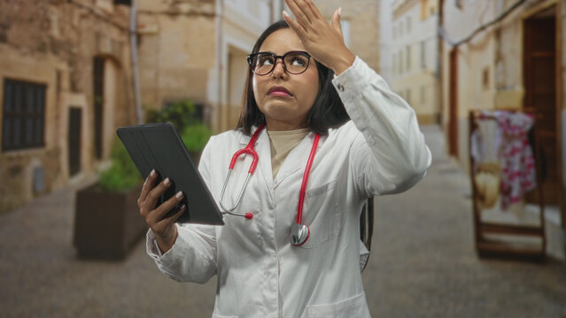 Doctor woman in white coat holds tablet and places hand on forehead indicating headache while standing in a narrow stone street; stress fatigue.