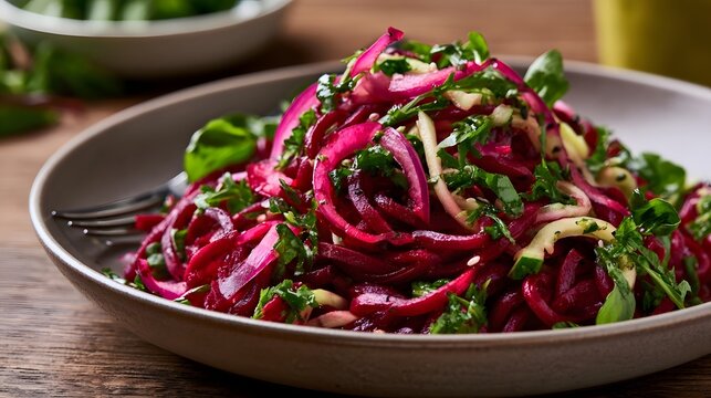 A vibrant beetroot salad with fresh herbs and sliced vegetables served in a ceramic bowl on a wooden surface