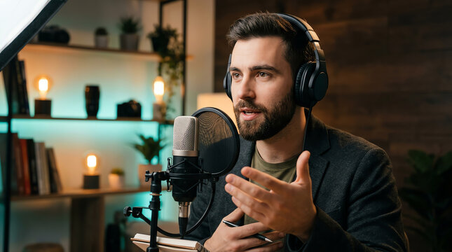 Man recording podcast with microphone and headphones in home studio