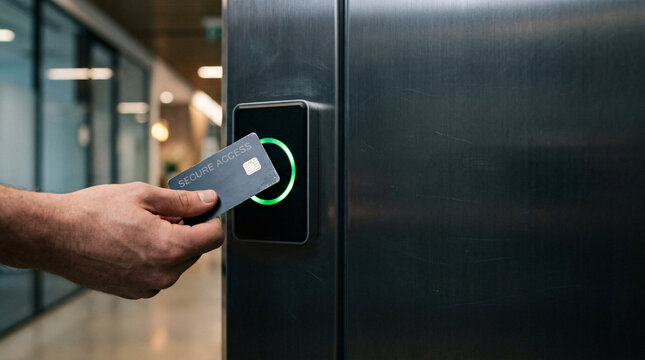Person using access control card to open a secure metal door, security system with green glowing reader, technology concept for building entry