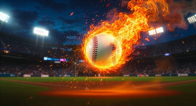 A baseball ball wrapped in blazing fire and flames flying through a stadium at night with stadium lights in the background