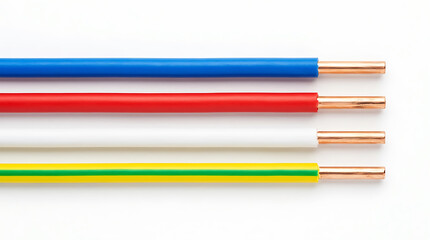 Fototapeta premium Four insulated electrical copper wires, red blue green yellow, isolated on white