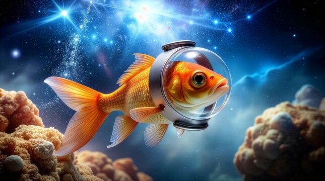 A vibrant orange goldfish wearing a glass space helmet swims through a surreal cosmic ocean filled with glowing blue stars, nebulae, and soft coral-like structures in the background.