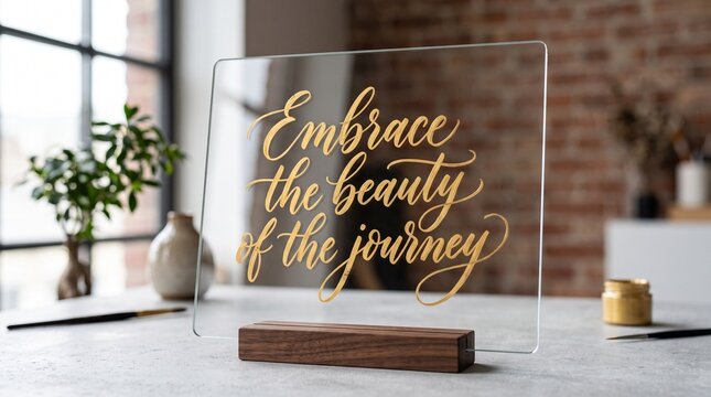 Motivational gold calligraphy on acrylic sign with wooden base