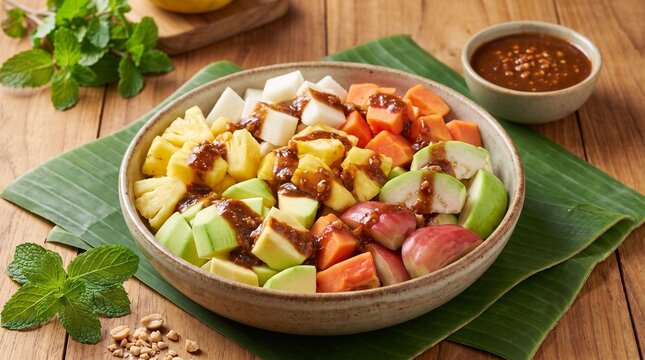 Fresh Indonesian fruit salad with spicy palm sugar sauce
