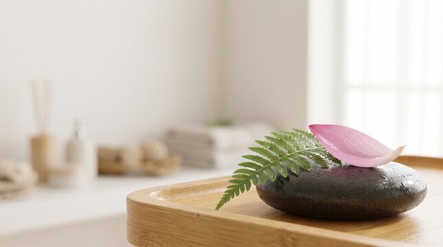 Spa concept with a black massage stone, a green fern leaf, and a pink lotus petal on a wooden tray in a bright, minimalist room