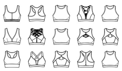 Fototapeta premium Women Sports Bra Activewear Fitness Apparel Black Outline Vector Set