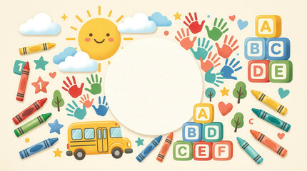 Fototapeta premium Cute educational background with school bus, alphabet blocks, crayons, and handprints for children