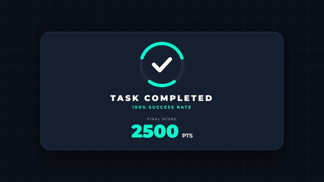Animated task completion interface, modern score display with points, seamless loop, vibrant colors, symbolizing achievement and success.