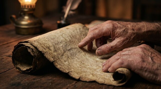 Daniel fervently reading the ancient, dusty scrolls of the prophet Jeremiah to understand the seventy years of captivity