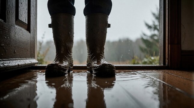 Muddy rubber boots stand in a flooded entryway during heavy rain. Water pools on the wooden floor, reflecting the stormy weather outside. Protection from the elements.