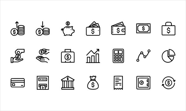 Set outline icons related to cash flow. Linear icon collection. Editable stroke. Vector illustration