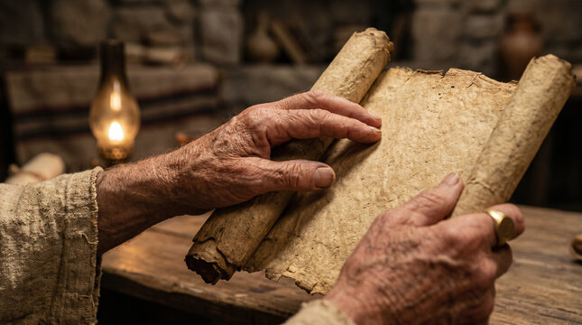 Daniel fervently reading the ancient, dusty scrolls of the prophet Jeremiah to understand the seventy years of captivity