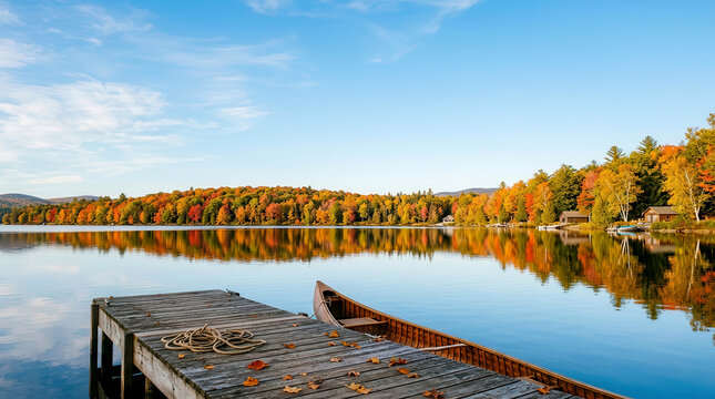 Wooden canoe moored at a wooden dock on a calm lake during autumn season