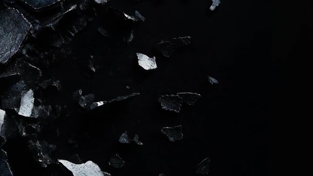 Close-up of dark shattered glass pieces on a black background