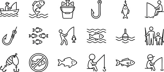 Leisure angling outline icons pack detailing rod fishermen hooks baits catch buckets and family fishing tournament activities © Anarul