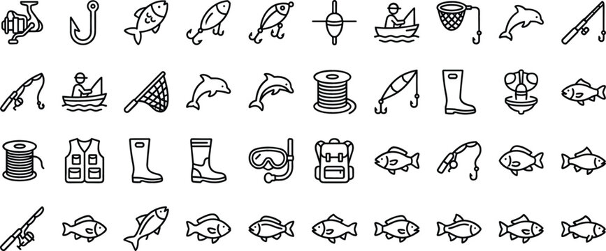Large collection of angling line icons including spinning reels hooks artificial lures floats fishermen vests and marine species