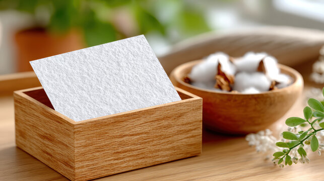 Natural wood box mockup holding a blank textured card beside cotton bowl and greenery for eco friendly stationery display, wedding invitation sample and minimalist branding presentation