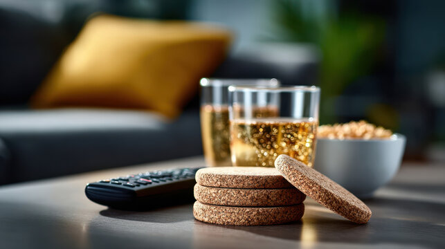 Cork drink coasters stacked on living room table with glasses and snacks for cozy tv night background and home entertainment scene