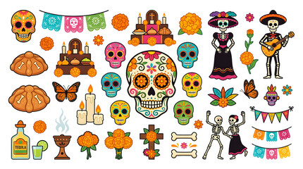 Fototapeta premium Day of the Dead Celebration Elements: A vibrant collection of traditional Day of the Dead imagery, including sugar skulls, marigolds, papel picado banners, and festive skeletons.