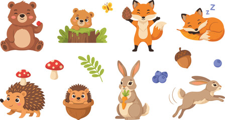 Naklejka premium Cute Forest and Woodland Animal Cartoon Character Vector Illustration Set Featuring Bears, Foxes, Rabbits, and Hedgehogs with Autumn Forest Elements for Kids Designs