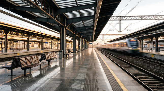 Modern passenger train arriving at an empty station platform during golden hour with warm sunlight and perspective