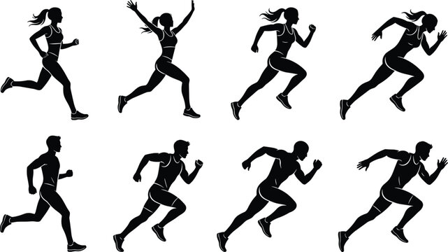 Male and female runners performing dynamic sprint motion sequences for athletic marathon race sports competition tracking infographics