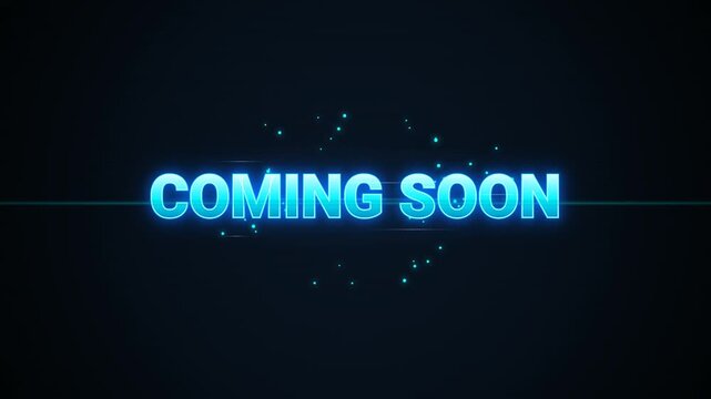 Digital Neon Coming Soon Message Displayed with Glowing Blue Text and Particle Effects in Dark Background