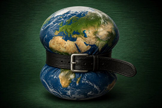 A conceptual image of planet Earth squeezed tightly by a black leather belt around its middle, symbolizing global resource constraints.