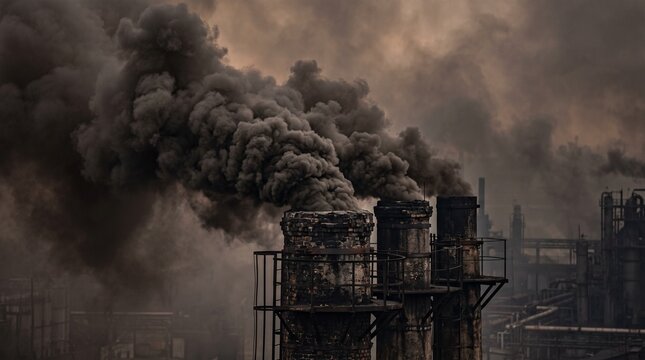 Industrial factory chimneys releasing thick black smoke into polluted sky
